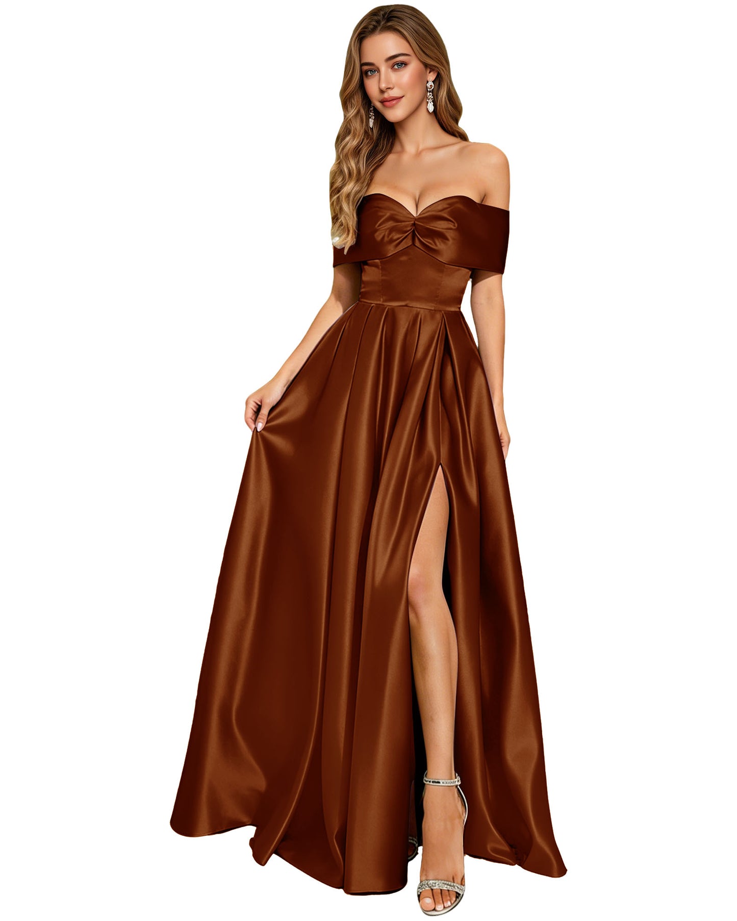 Strapless Bow Satin A-Line Prom Dress with Pleated Bodice and Slit