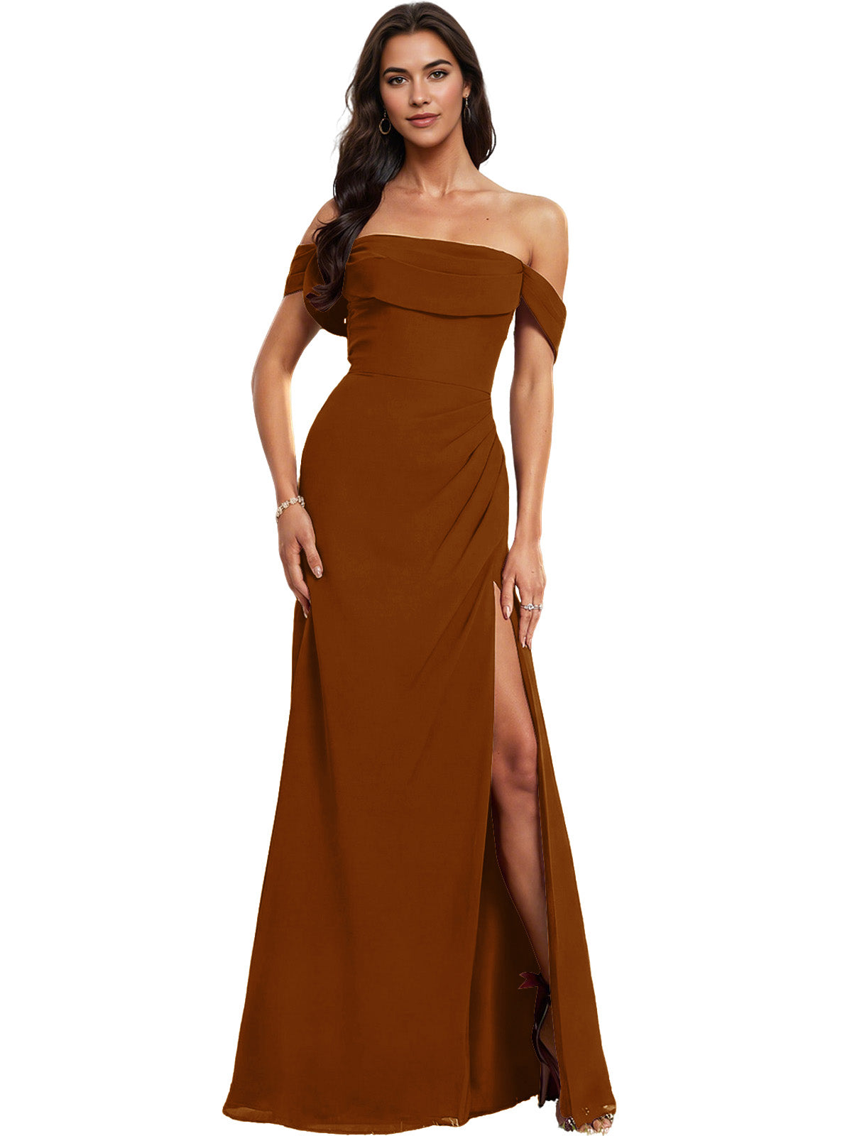 Off Shoulder Crepe Bridesmaid Dress with Foldover Neckline and Slit
