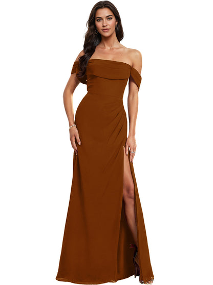 Off Shoulder Crepe Bridesmaid Dress with Foldover Neckline and Slit