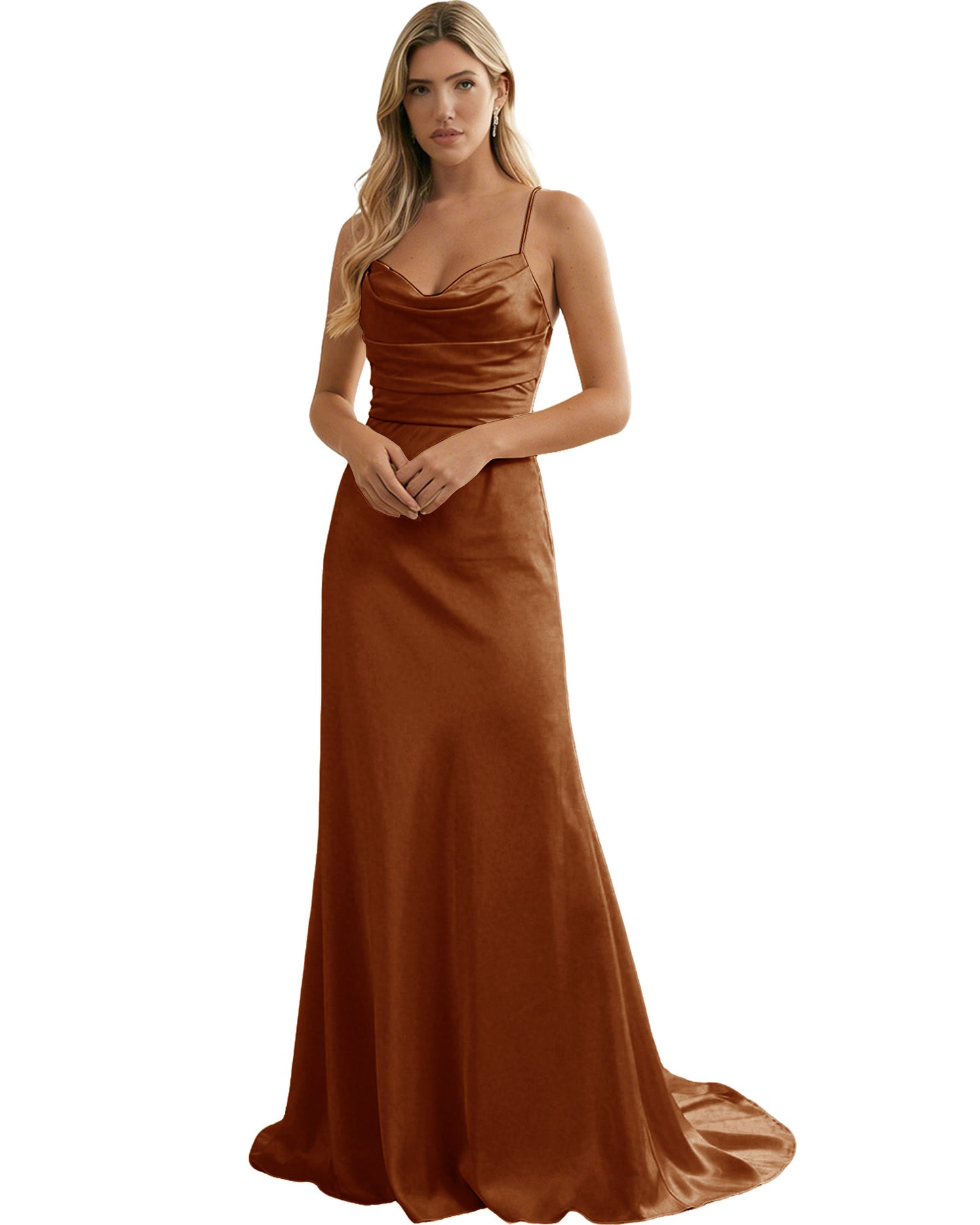 Spaghetti Straps Ruched Satin Floor Length Bridesmaid Dress