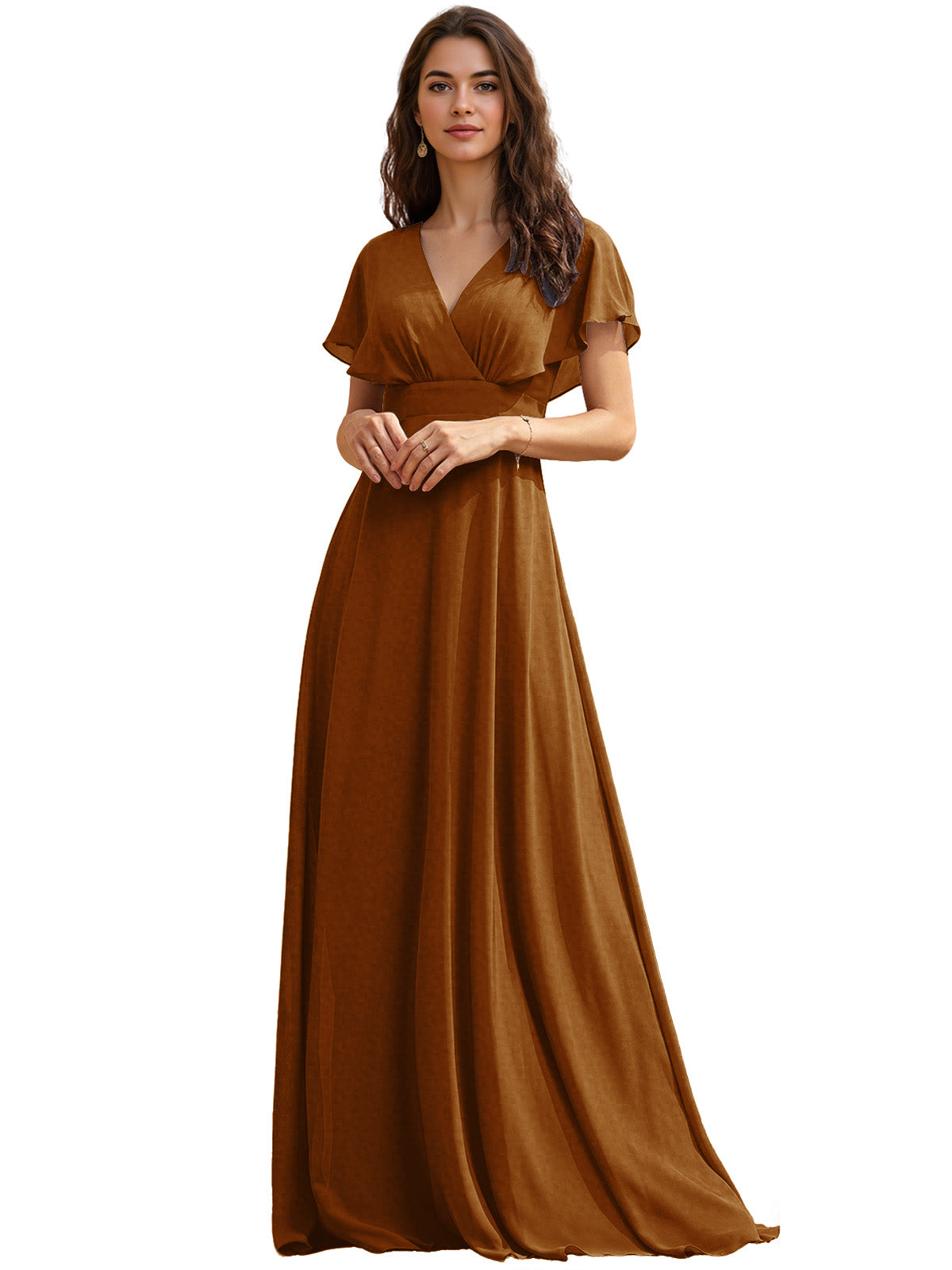 Flutter Sleeve V-Neck Chiffon Bridesmaid Dress with Flowing dress