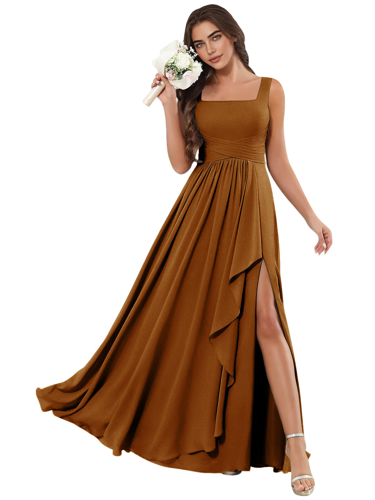 Square Neck Chiffon Bridesmaid Dress with Corset Back and Slit