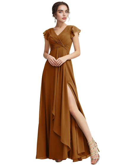 Cap Sleeve Chiffon Bridesmaid Dress with Ruffle V-Neck and Slit