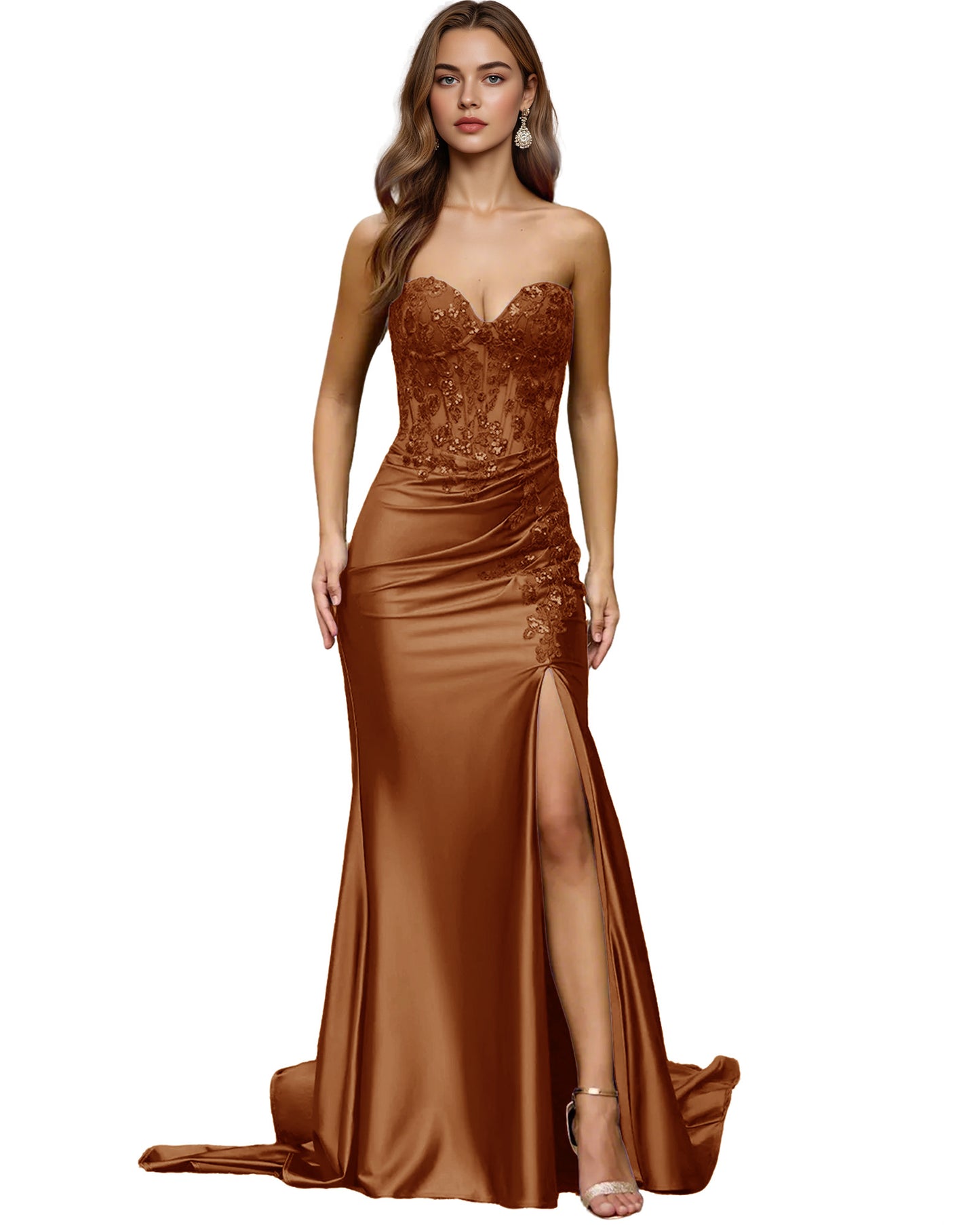Strapless Emerald Satin Mermaid Prom Dress with Beaded Bodice and Slit