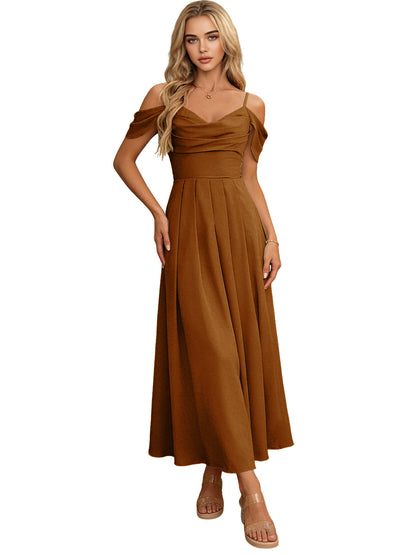 Off Shoulder Midi Bridesmaid Dress with Pleated Bodice and Flowing dress