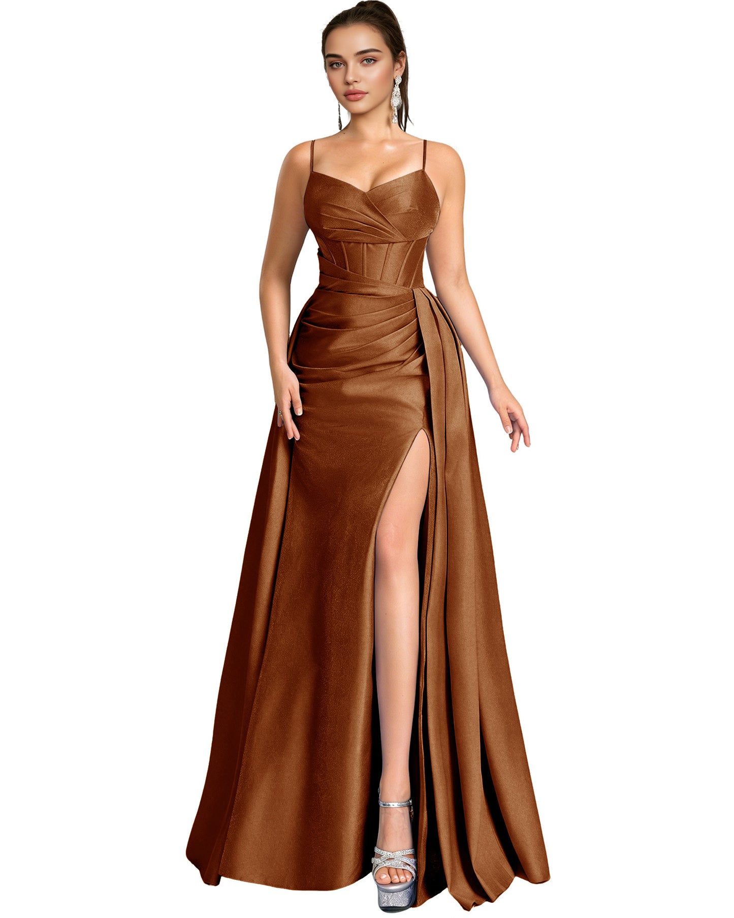 One Shoulder Satin A-Line Prom Dress with Wrap Bodice and Side Slit