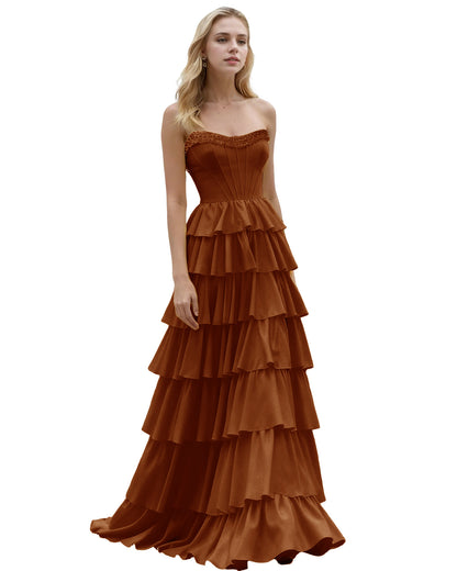 Strapless Tiered Ruffle A-Line Prom Dress with Corset Bodice