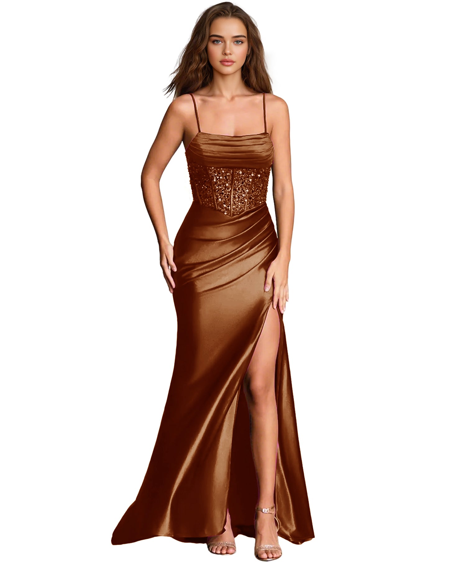 Square Neck Satin Sheath Prom Dress with Spaghetti Straps and Side Slit