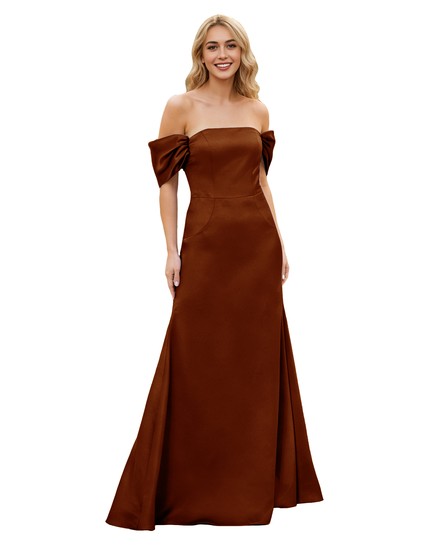 Off Shoulder Satin Bridesmaid Dress with Foldover Neckline and Trumpet Dress