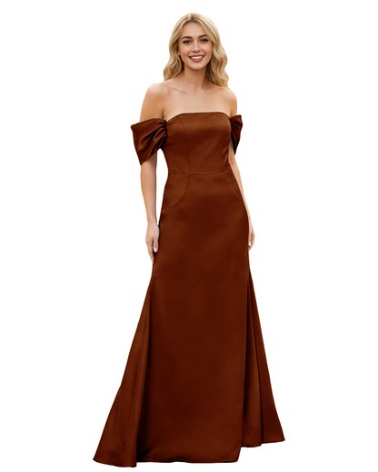 Off Shoulder Satin Bridesmaid Dress with Foldover Neckline and Trumpet Dress