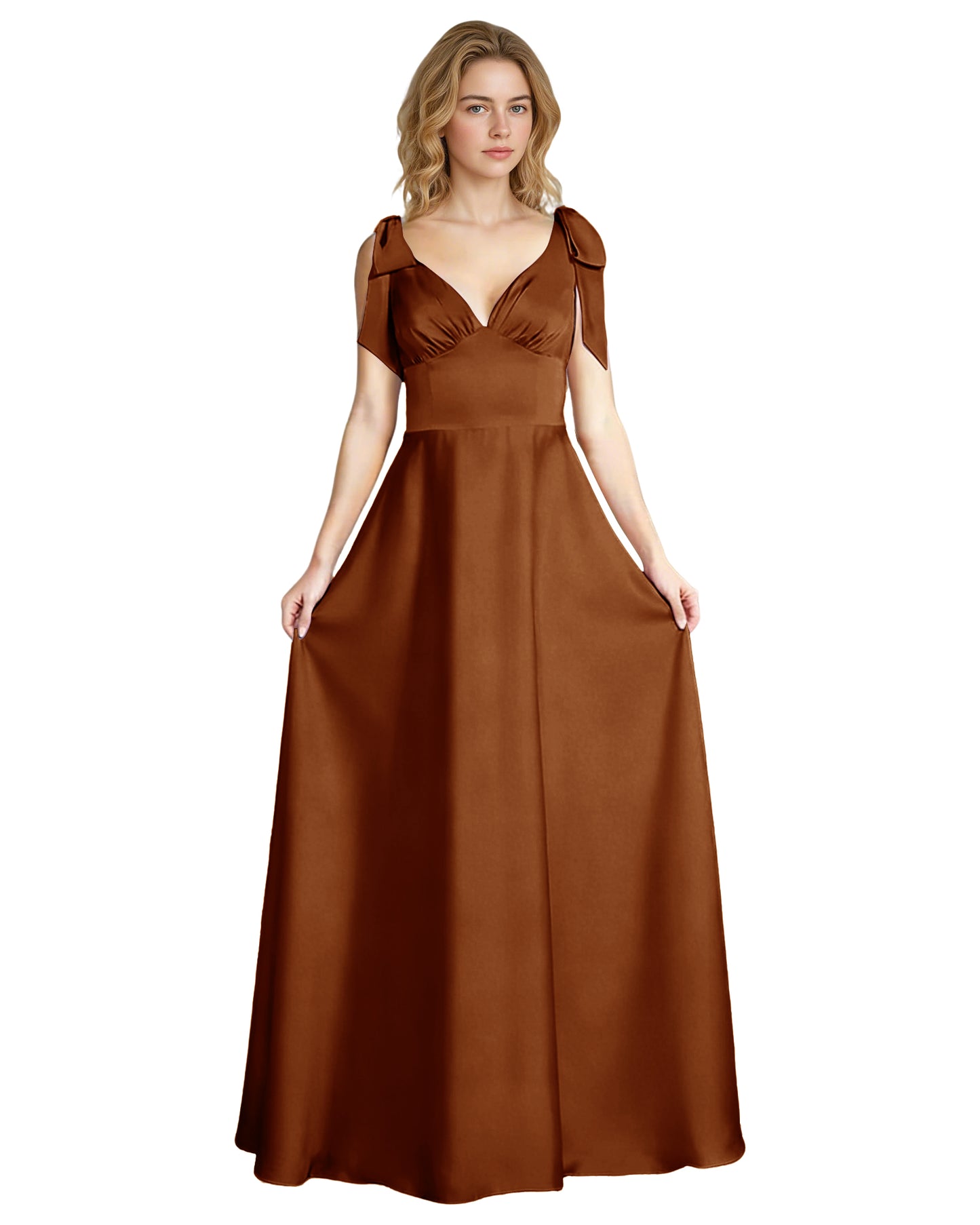 V-Neck Bow Strap Satin Bridesmaid Dress with Empire Waist