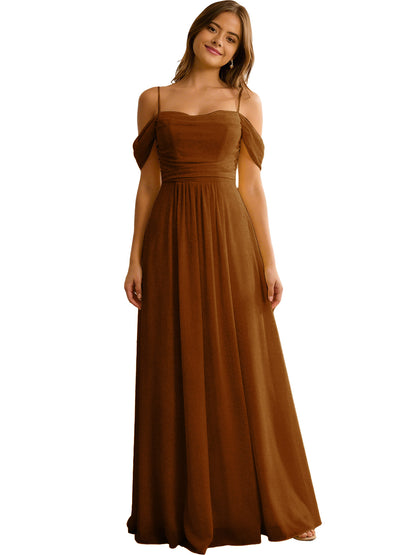 Off Shoulder Chiffon Bridesmaid Dress with Soft Pleated Bodice