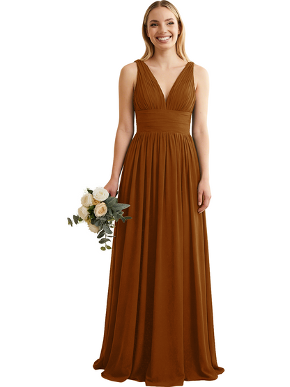 Deep V-Neck Chiffon Bridesmaid Dress with Pleated Waist