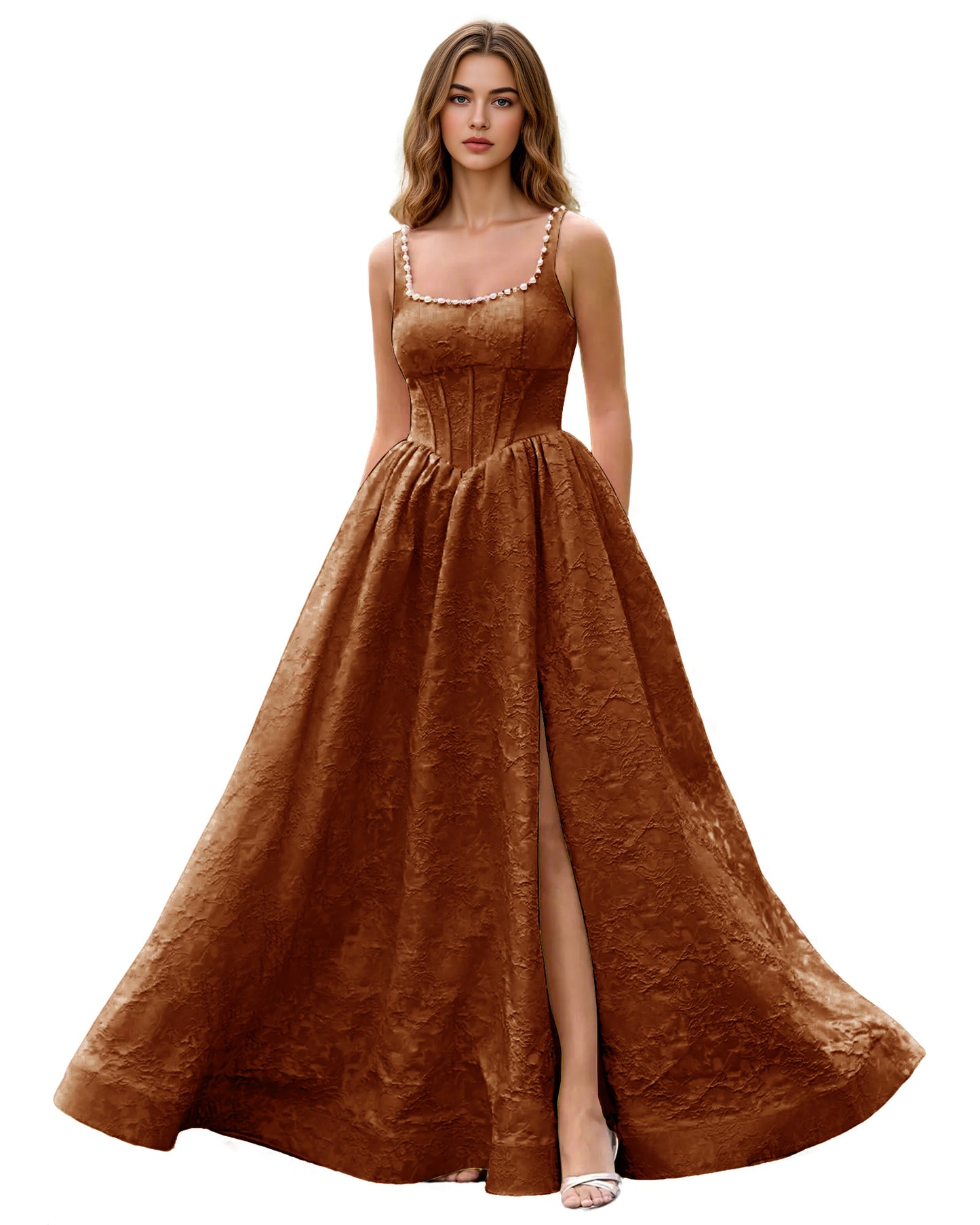 Square Neck Jacquard Ball Gown Prom Dress with Wide Straps and Pockets