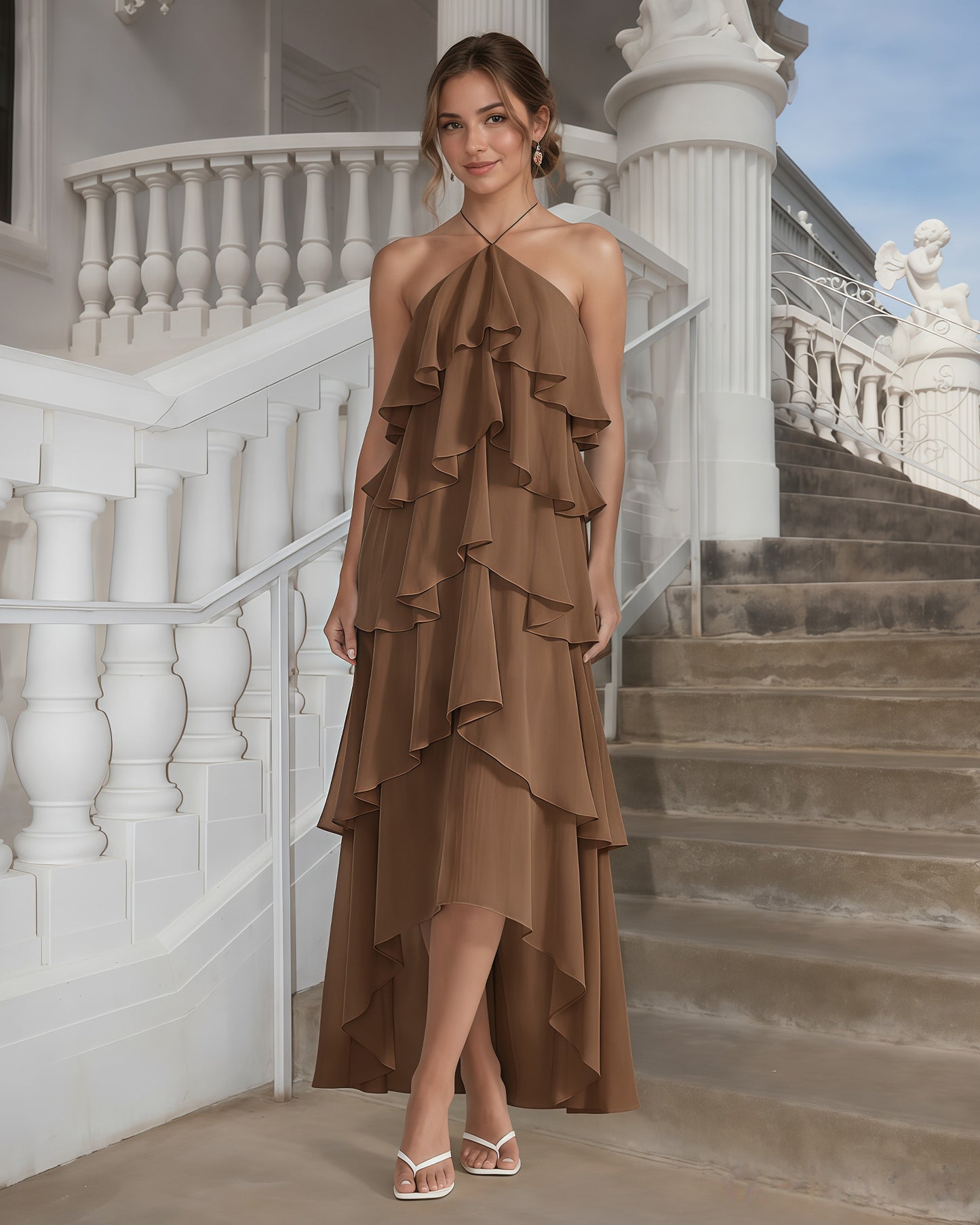 One-Shoulder Tiered Ruffle High-Low Chiffon Formal Dress