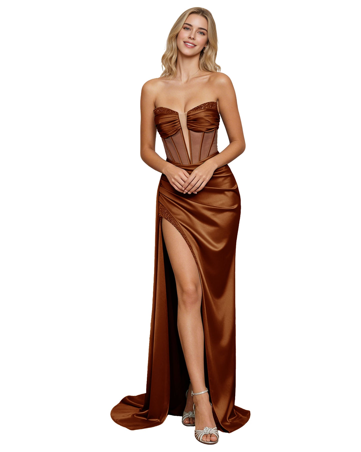 Strapless Draped Satin Mermaid Prom Dress with Corset Panels and Slit