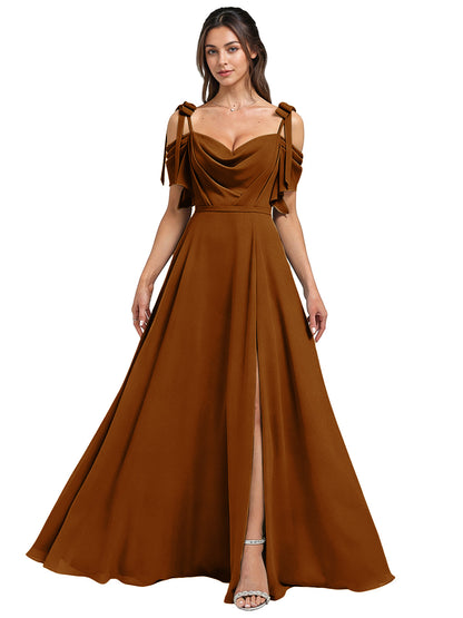 Cowl Neck Cold Shoulder Bridesmaid Dress with High Slit Chiffon Dress