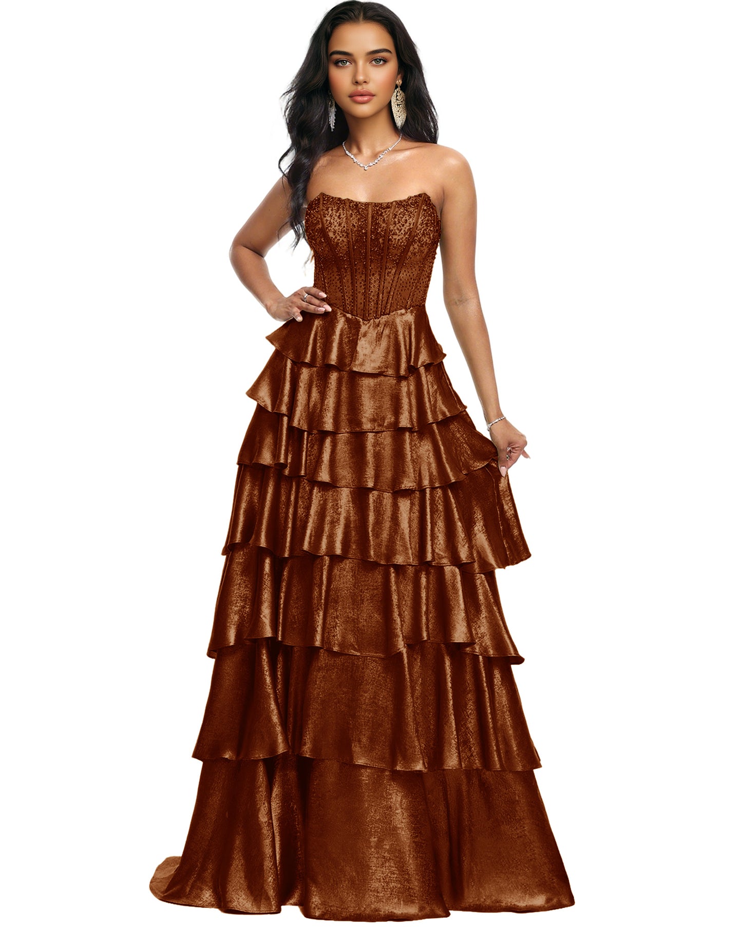 Strapless Tiered Sequin A-Line Prom Dress with Ruffle Layers