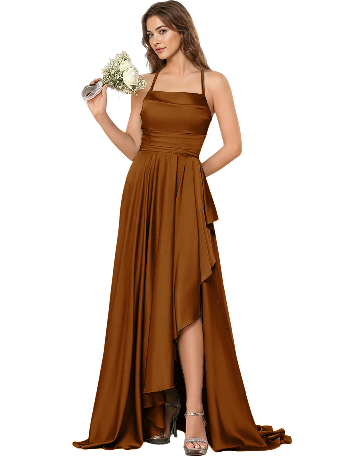 Open Back Halter Bridesmaid Dress with High Low Overlay dress
