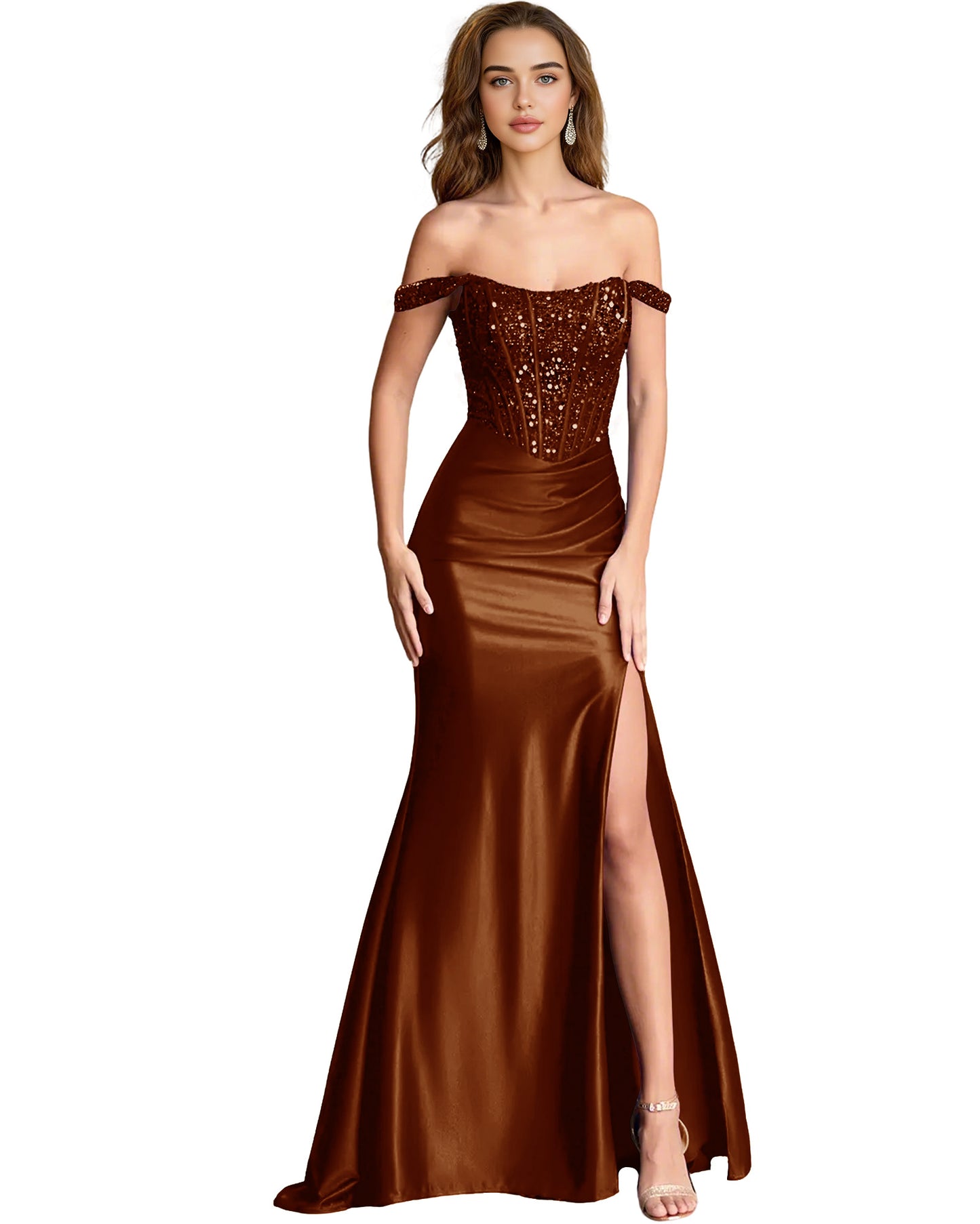 Off Shoulder Sequin Satin Mermaid Dress with Draped dress Slit