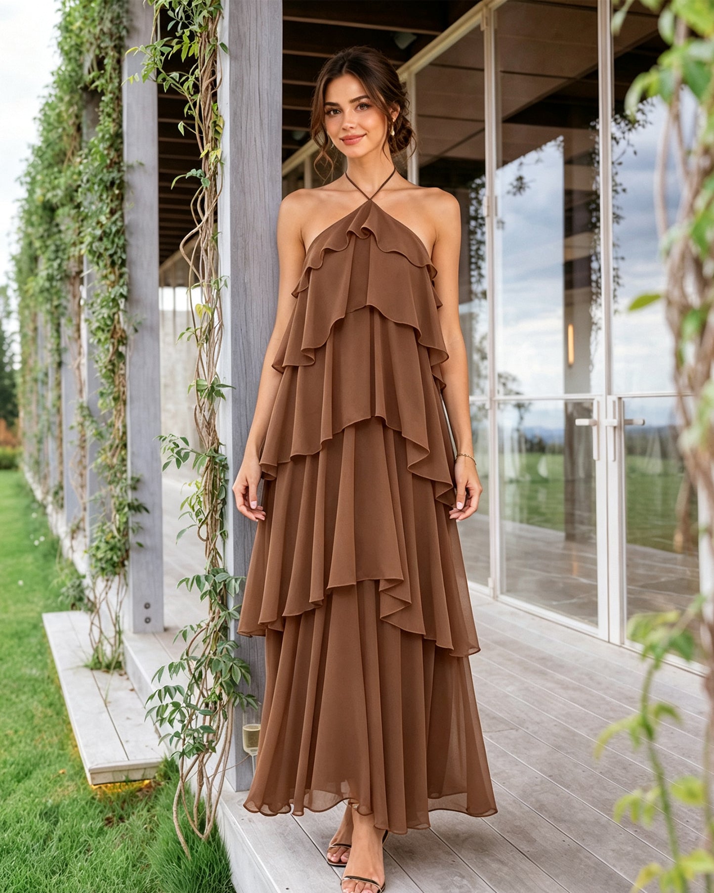Halter Neck Tiered Chiffon Bridesmaid Dress with Ruffle Overlay