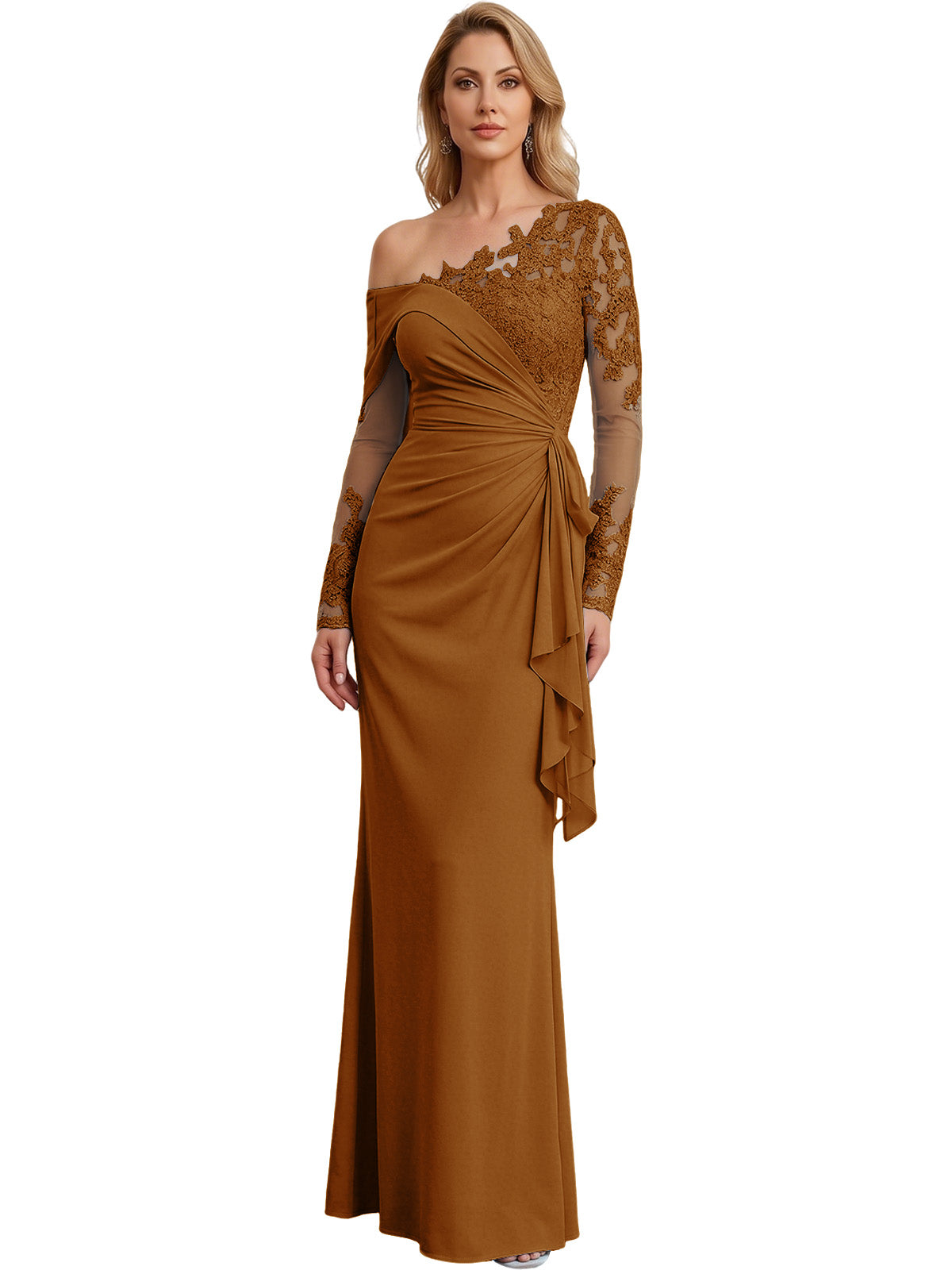 One Shoulder Mother of the Bride Gown Long Lace Sleeve Mermaid Dress with Draped Ruffle