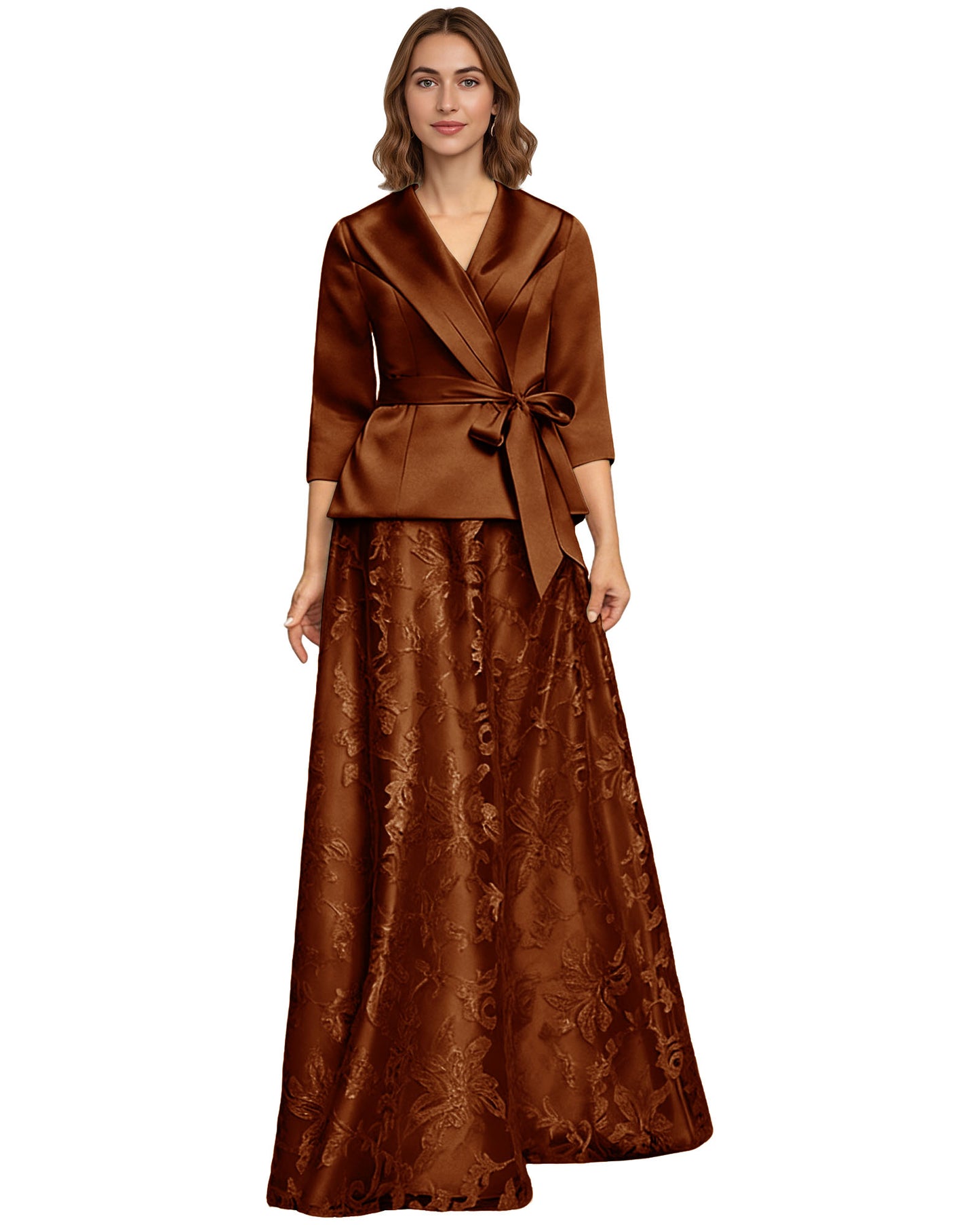 Two Piece Mother of the Bride Dress Satin Wrap Top Embroidered Long Skirt Formal Set