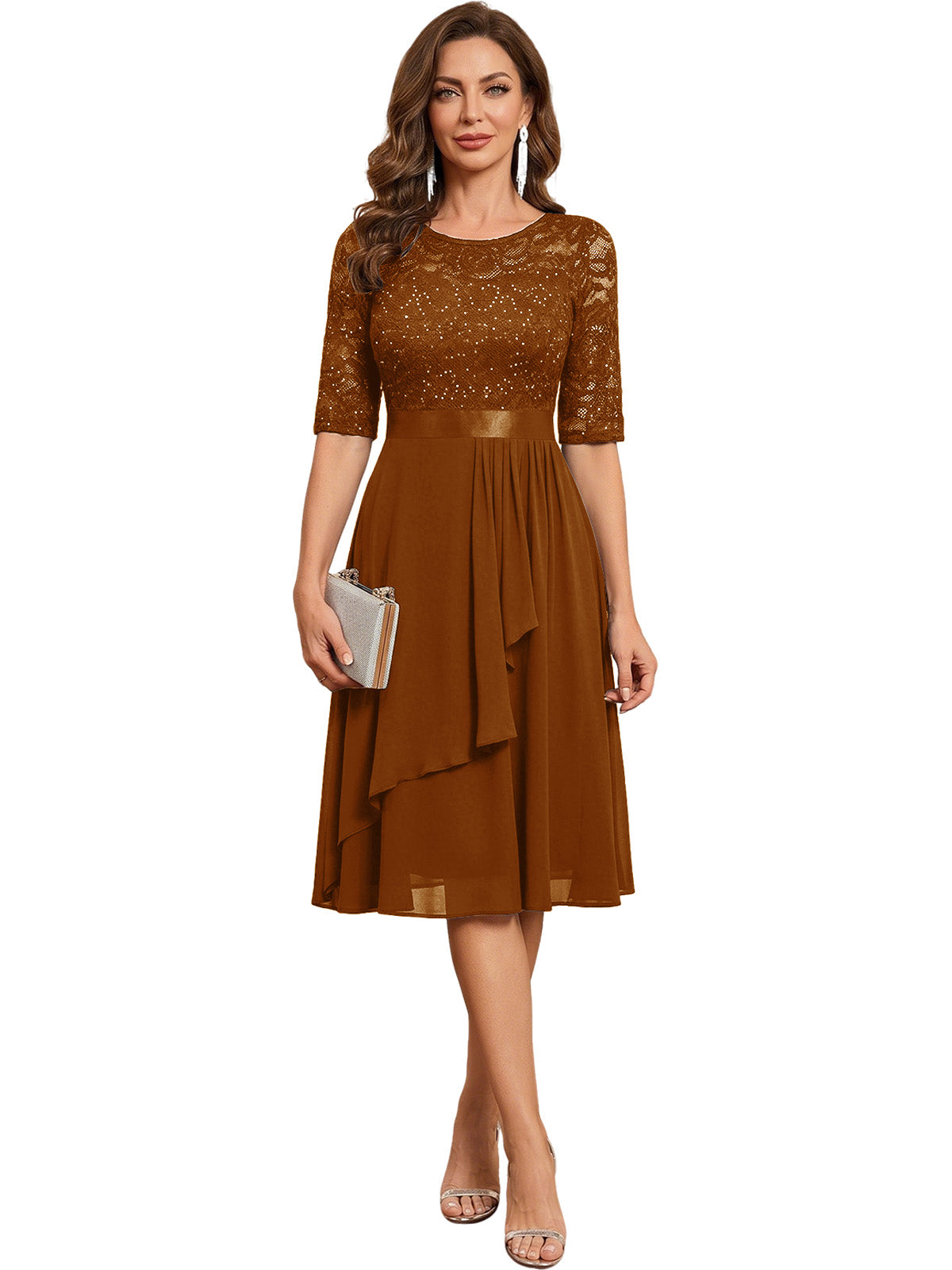 Knee Length Mother of the Bride Dress Sequined Lace Bodice Chiffon Skirt Formal Guest Outfit