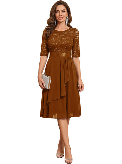 Brown Knee Length Mother of the Bride Dress Sequined Lace Bodice Chiffon Skirt Formal Guest Outfit color option
