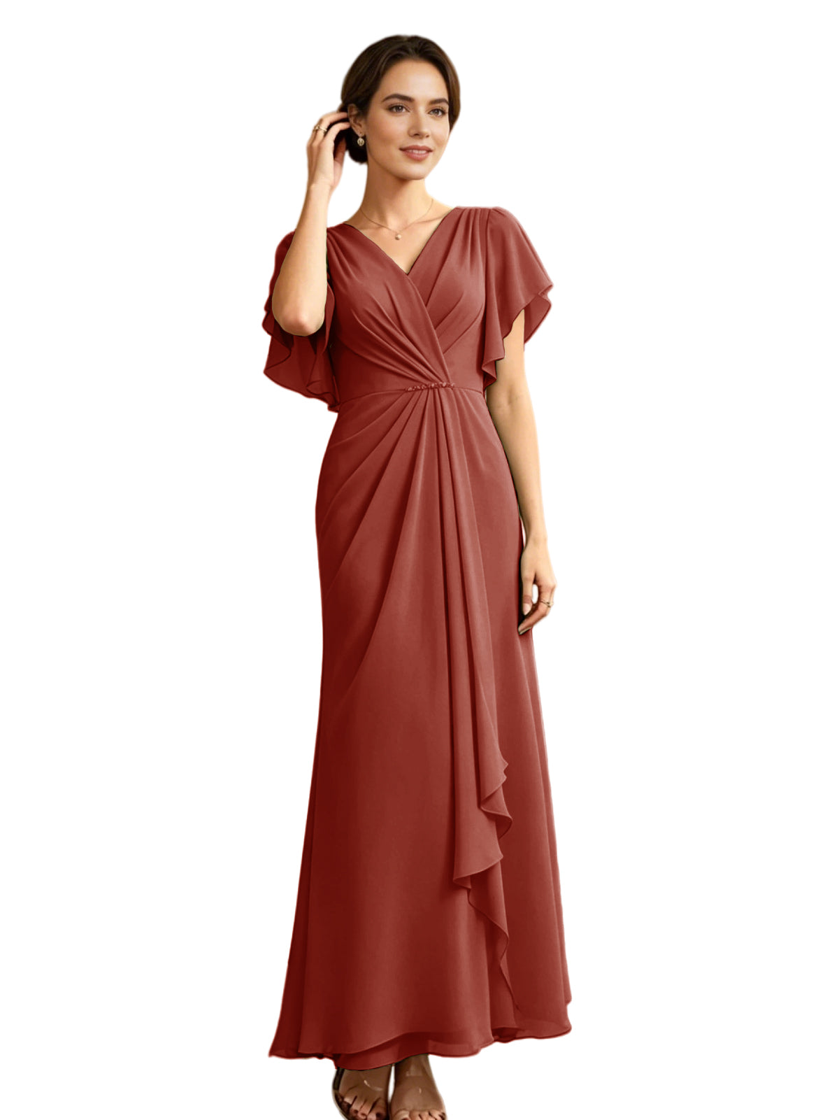 Long Chiffon Mother of the Bride Dress V-Neck Flutter Sleeve A-Line Gown with Beaded Waist