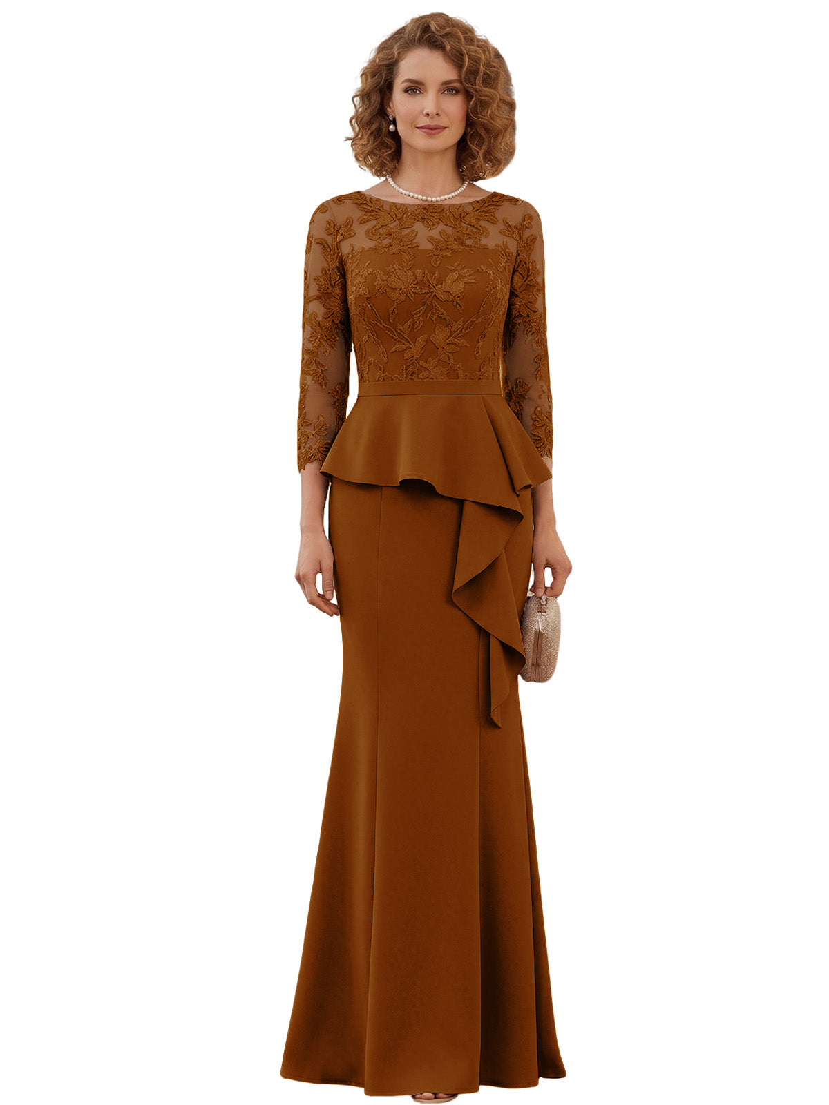 Long Mother of the Bride Dress Lace Illusion Bodice Peplum Mermaid Formal Evening Gown