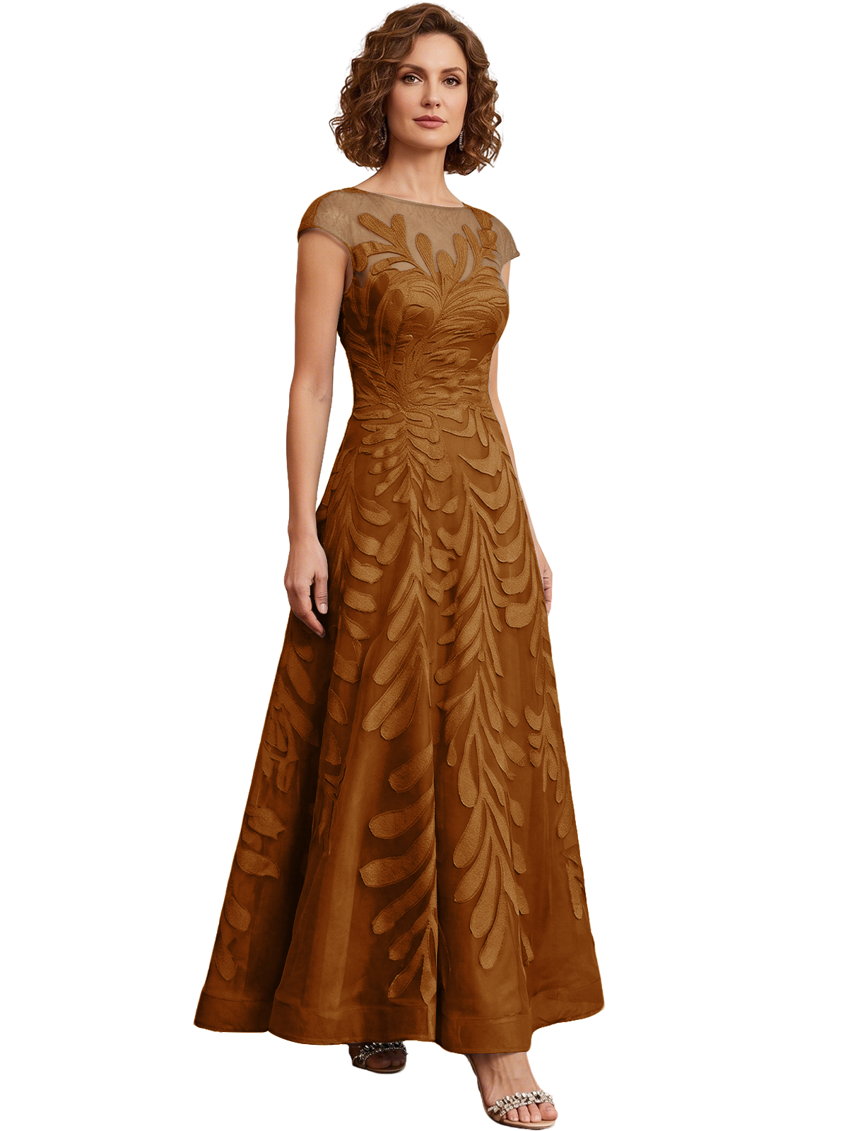 Embroidered Tulle Mother of the Bride Dress Long A-Line Gown with Illusion Cap Sleeves