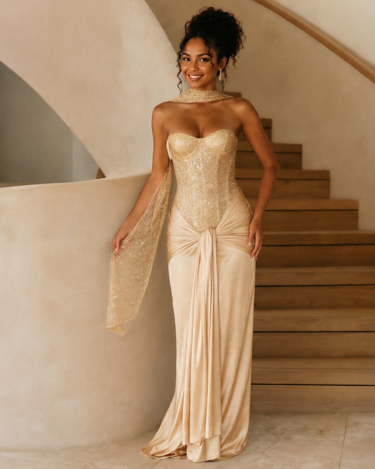 Strapless Sequin Corset Jersey Prom Dress with Draped Scarf Detail