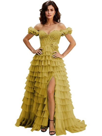 Off Shoulder Tulle Ball Gown Prom Dress with Ruffle Sleeves and Slit
