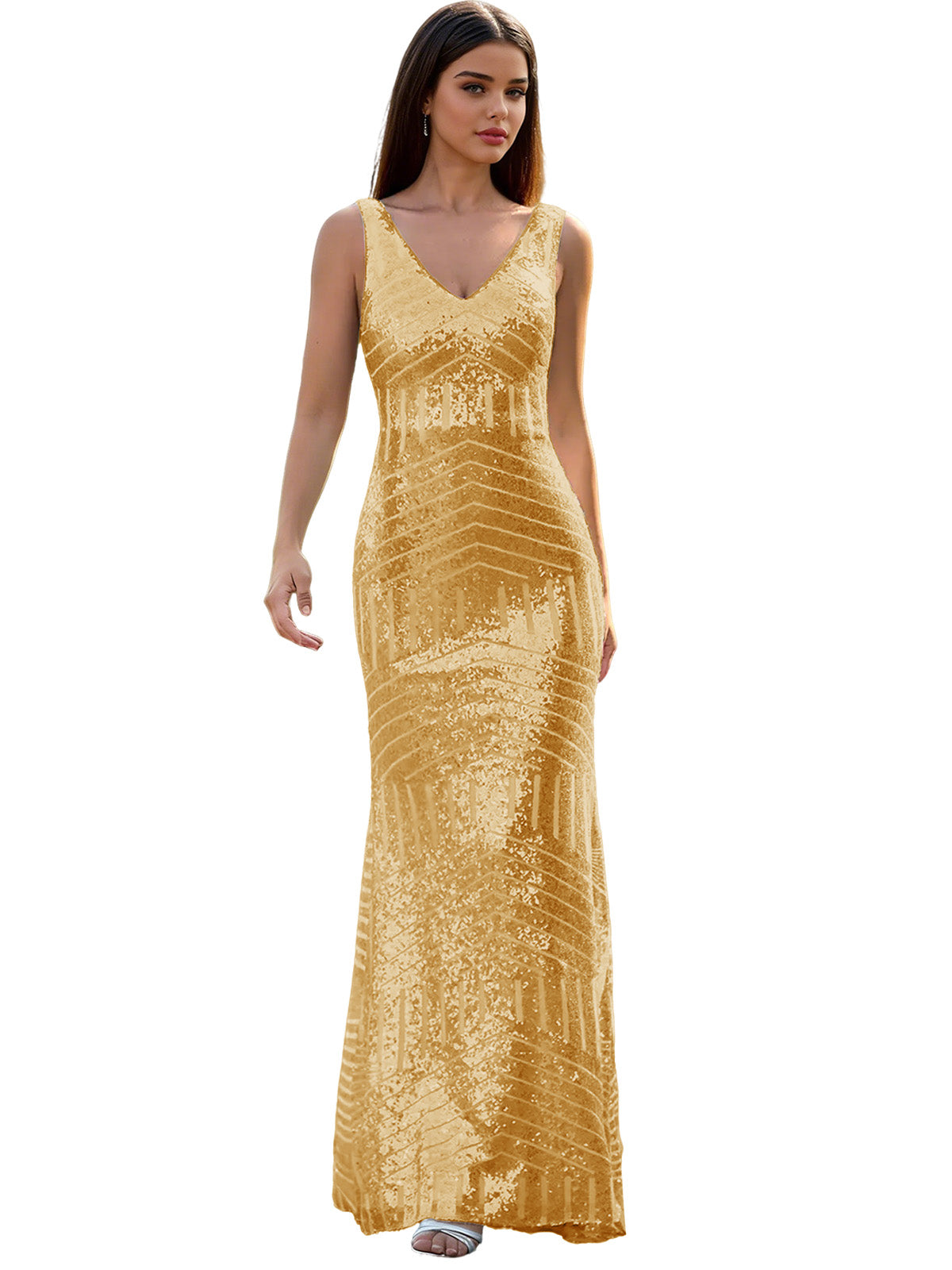 V-Neck Sequin Column Prom Dress with Beaded Waist and Low Back