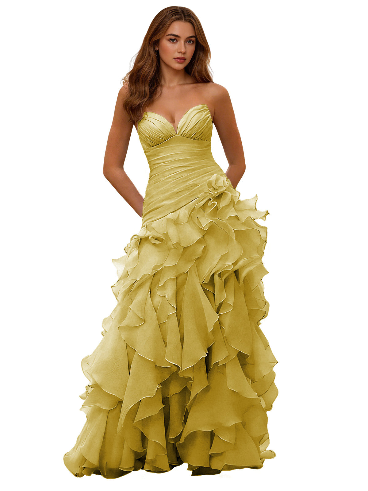 Strapless Organza Ruffle Ball Gown Prom Dress with Draped Corset Bodice