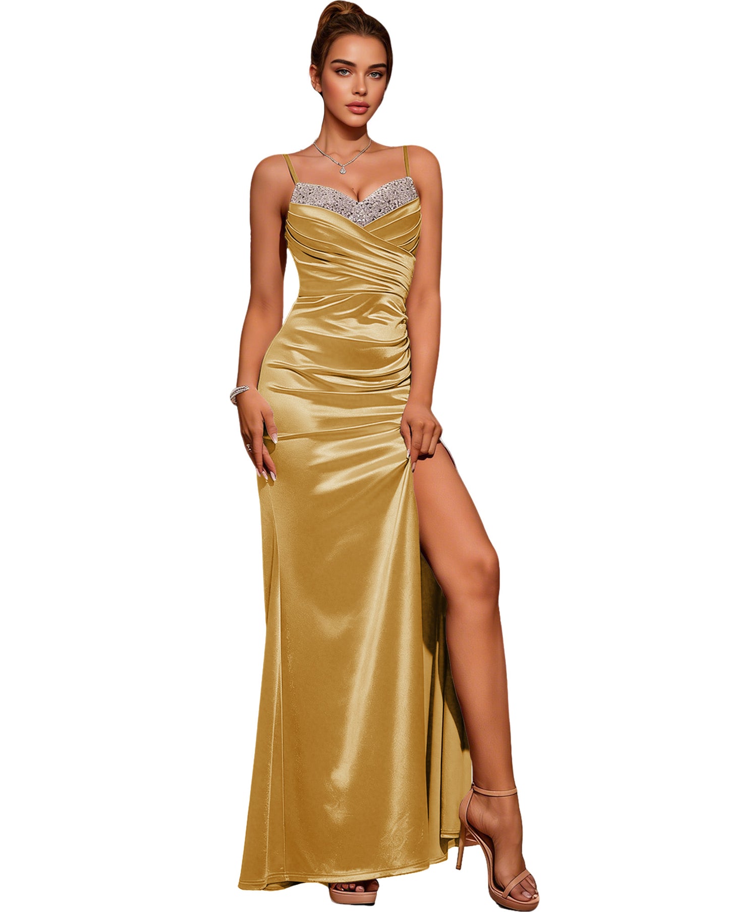 Strapless Pleated Satin Column Prom Dress with Draped Bodice and Slit