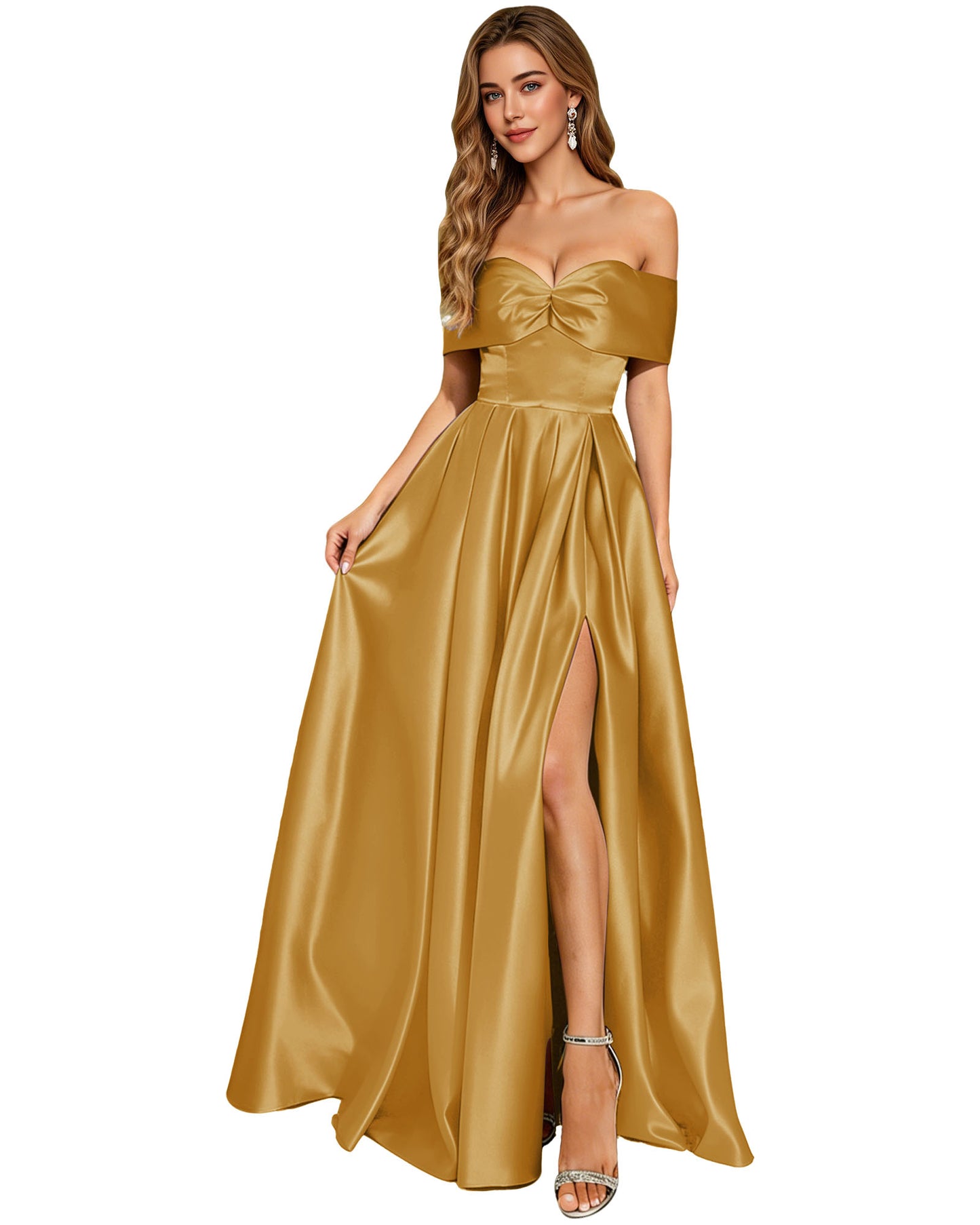 Strapless Bow Satin A-Line Prom Dress with Pleated Bodice and Slit