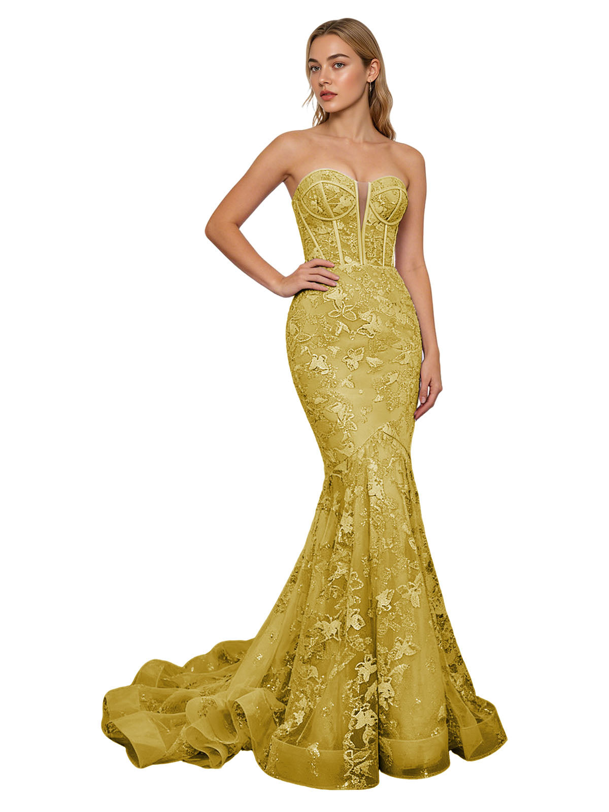 Strapless Lavender Lace Mermaid Prom Dress with Sheer Corset and Train