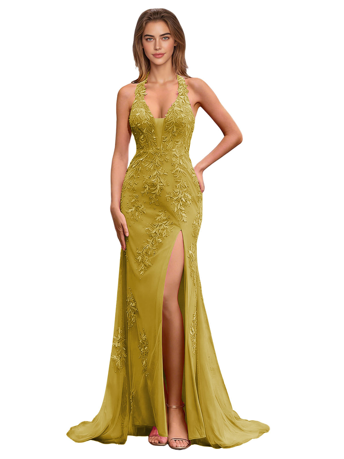 Halter Lace Mermaid Prom Dress with Applique Bodice and Thigh Slit
