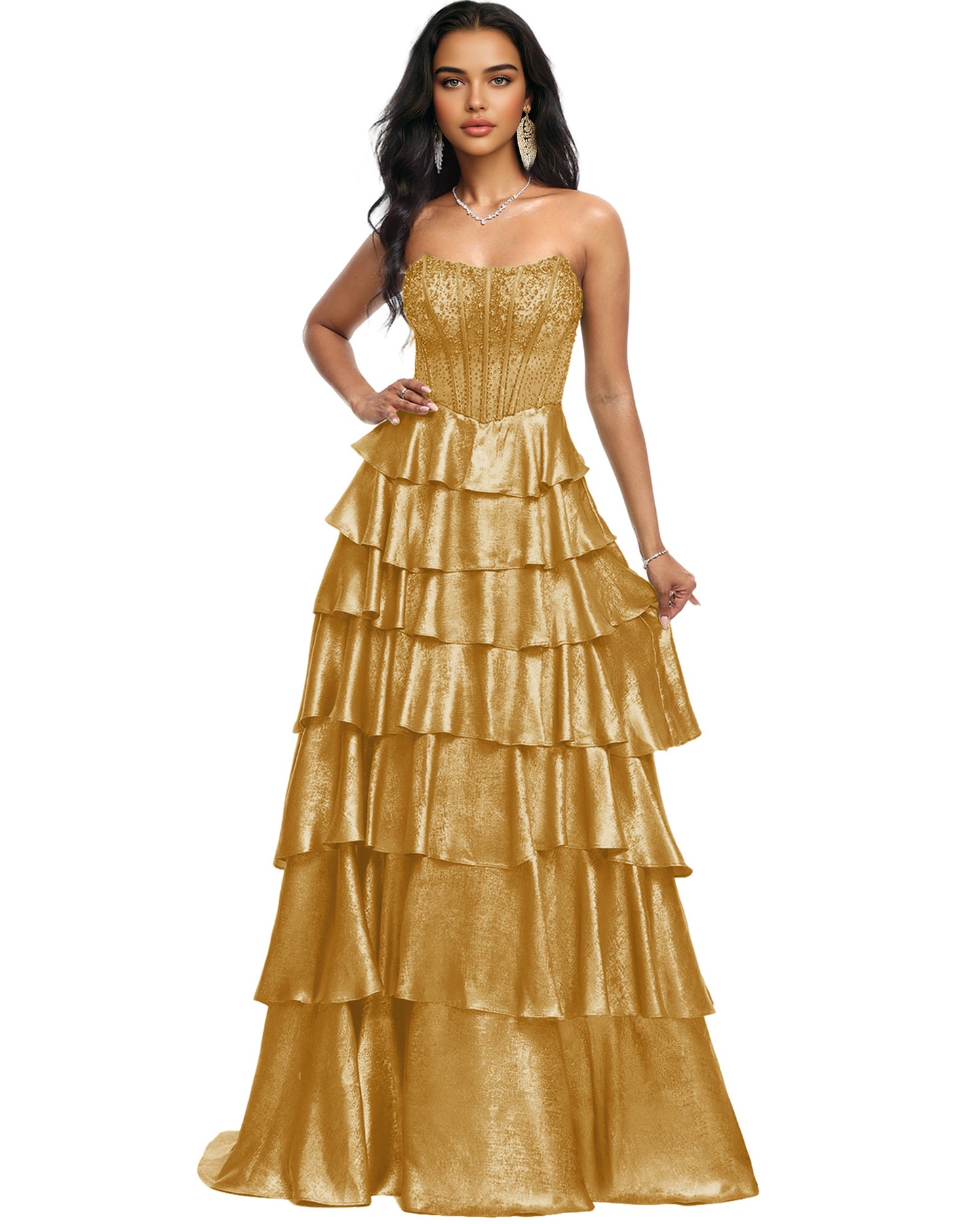 Strapless Tiered Sequin A-Line Prom Dress with Ruffle Layers