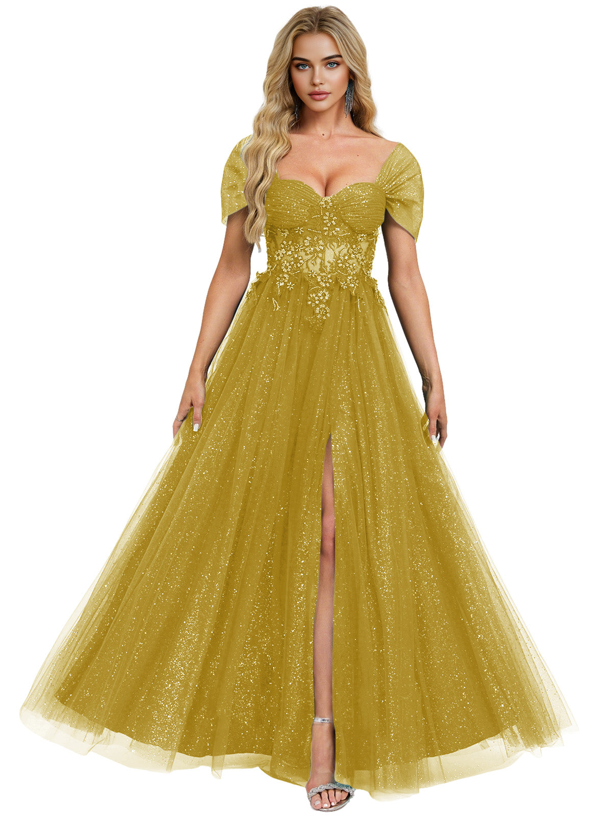 Short Sleeve Glitter Tulle Prom Dress with Illusion Bodice and Slit
