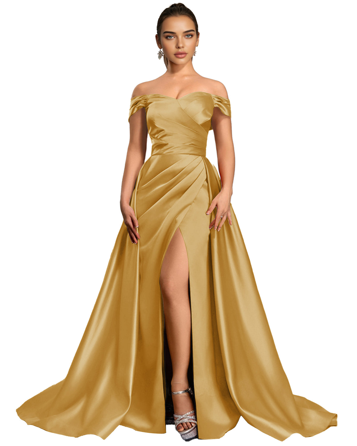 Off Shoulder Satin Ball Gown Prom Dress with Draped Bodice and Slit