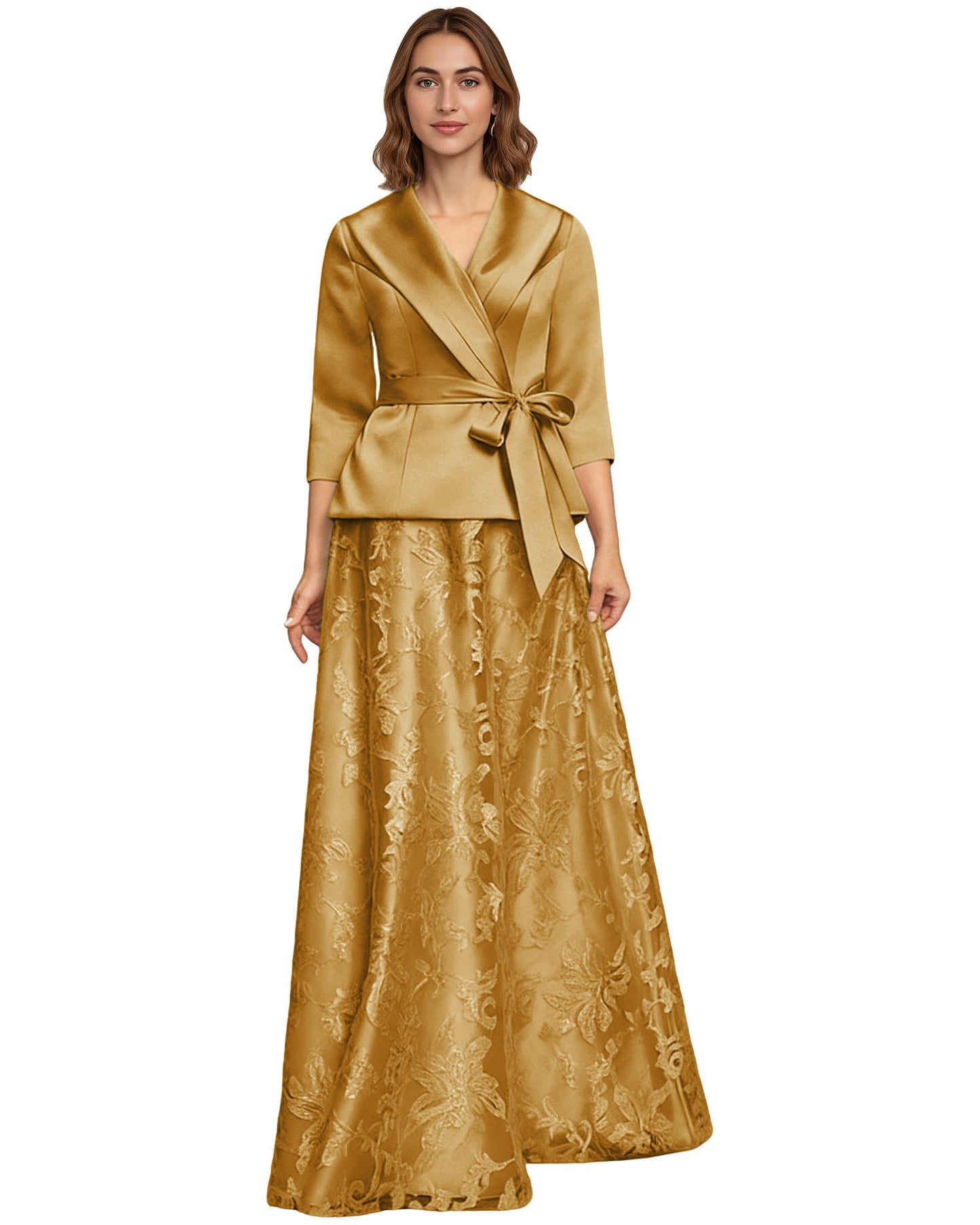 Two Piece Mother of the Bride Dress Satin Wrap Top Embroidered Long Skirt Formal Set