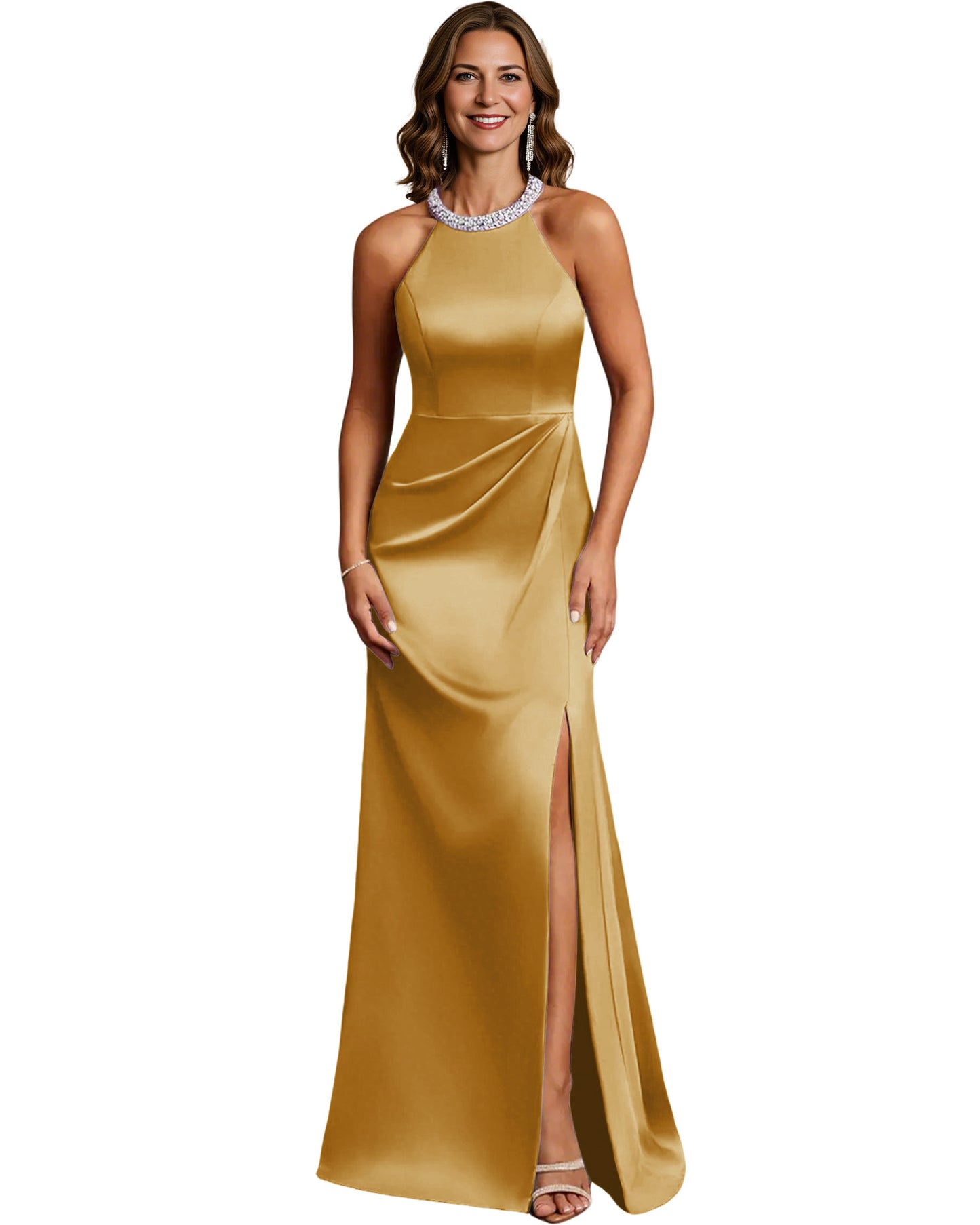 Halter Neck Mother of the Bride Dress Satin Mermaid Gown with Beaded Collar and Slit
