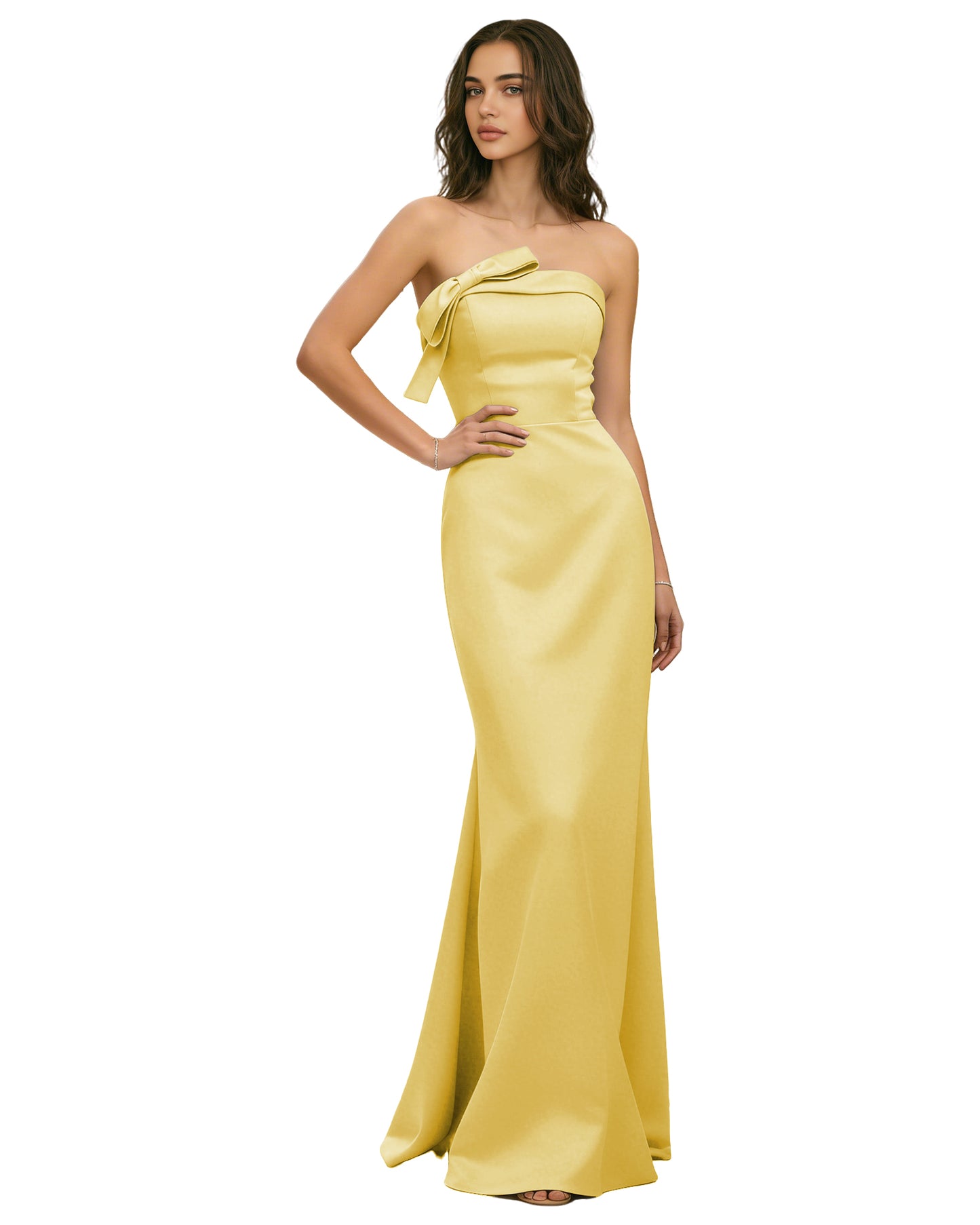 Strapless Satin Bridesmaid Dress with Draped Bodice and Side Slit