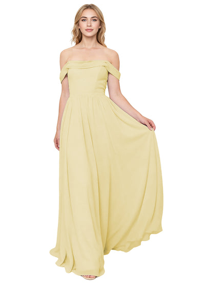 Off Shoulder Pleated Chiffon Bridesmaid Dress with Flowing A-Line Dress