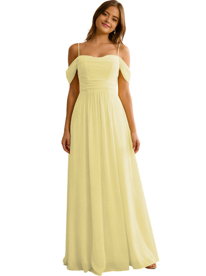 Off Shoulder Chiffon Bridesmaid Dress with Soft Pleated Bodice
