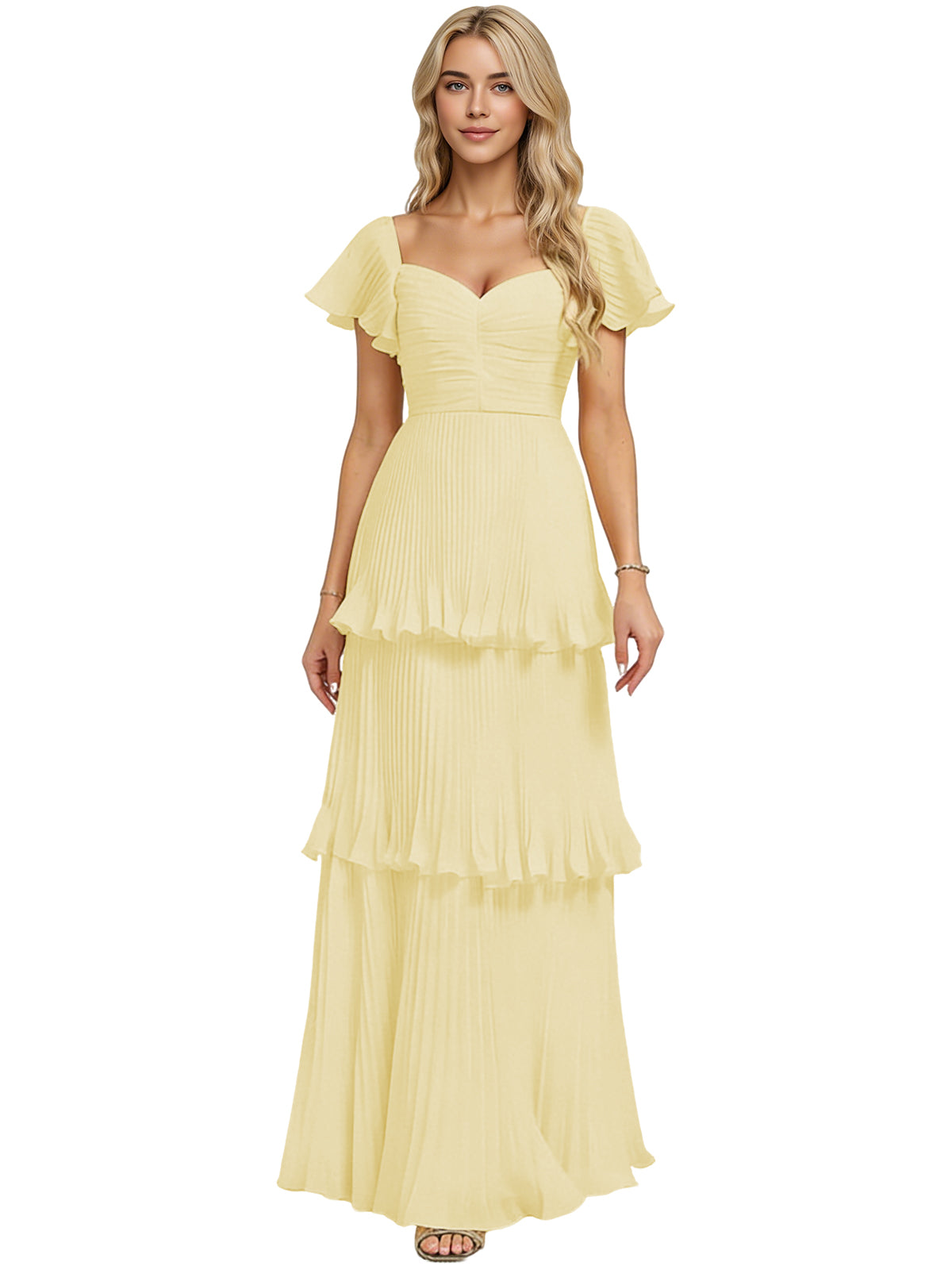 Tiered Ruffle Chiffon Bridesmaid Dress with Sweetheart Neckline