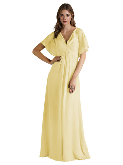 Short Sleeve V-Neck Chiffon Bridesmaid Dress with Gathered Waist